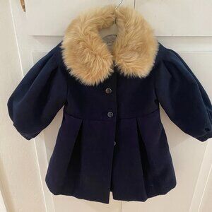 Janie and Jack Navy Coat with Luxe Collar, Button Front, Pleated Back, Size 2